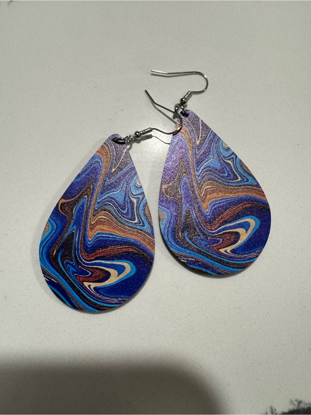 Marbled Teardrop Dangle Earrings in Blue and Copper